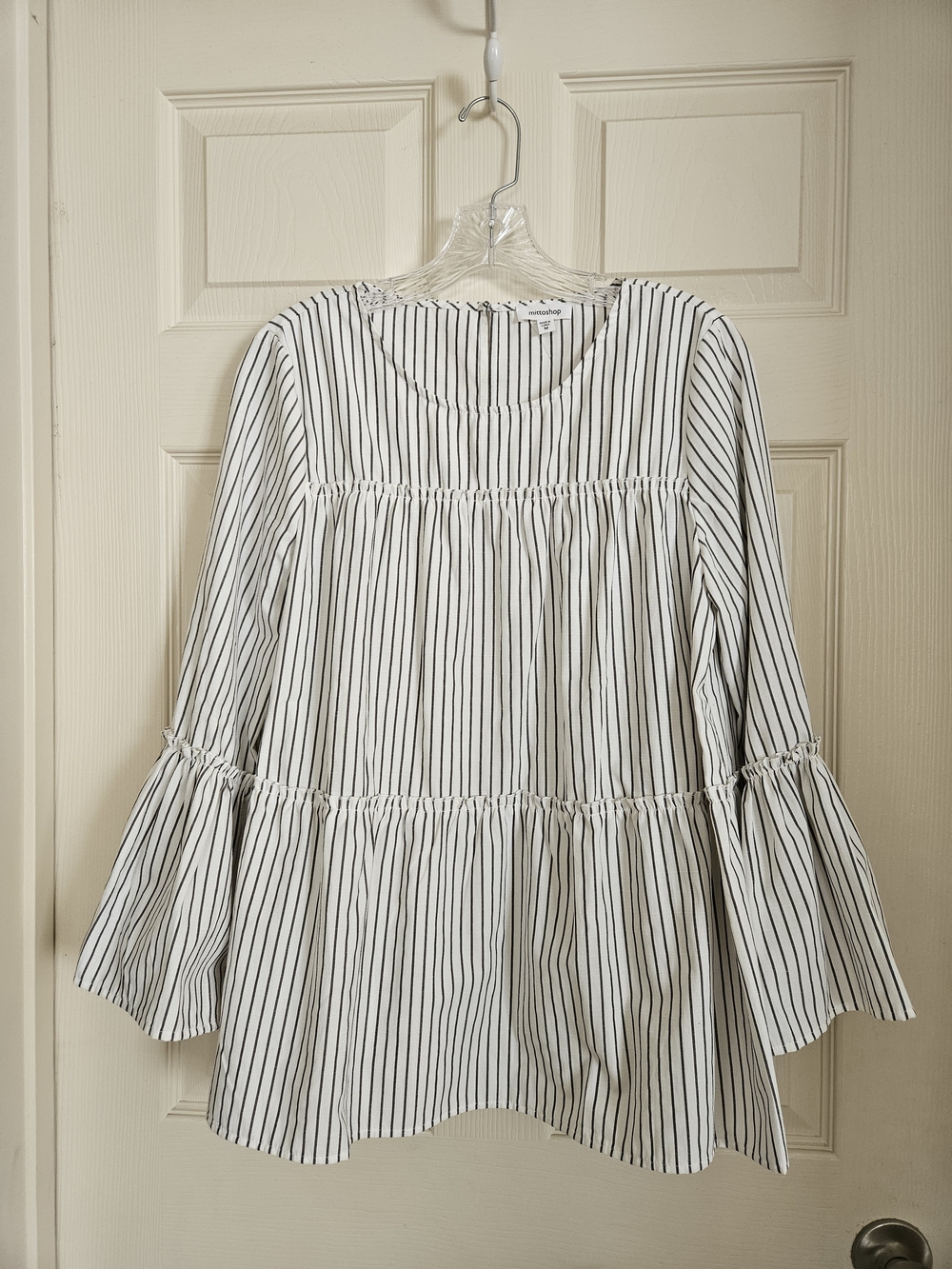 White Blouse with Charcoal Vertical Stripes